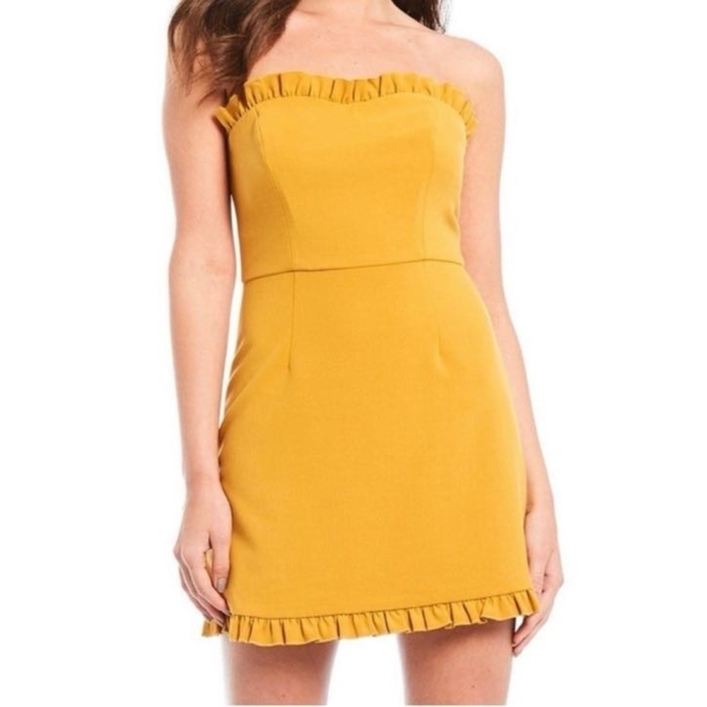 French Connection Mustard Yellow Ruffle Strapless Mini Dress - Size XS